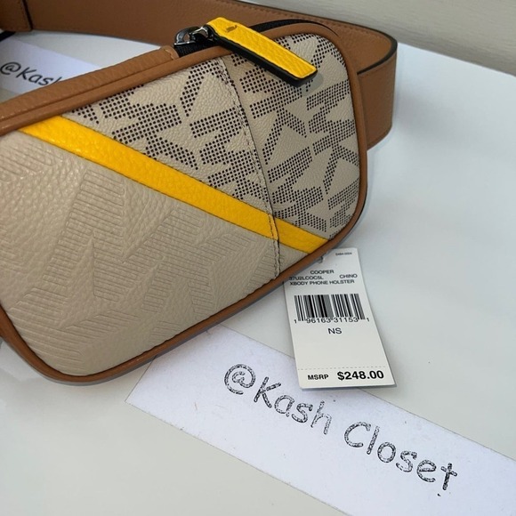 Michael Kors Cooper Crossbody Bag Logo Smartphone MK Signature Holster Chino - Picture 7 of 9